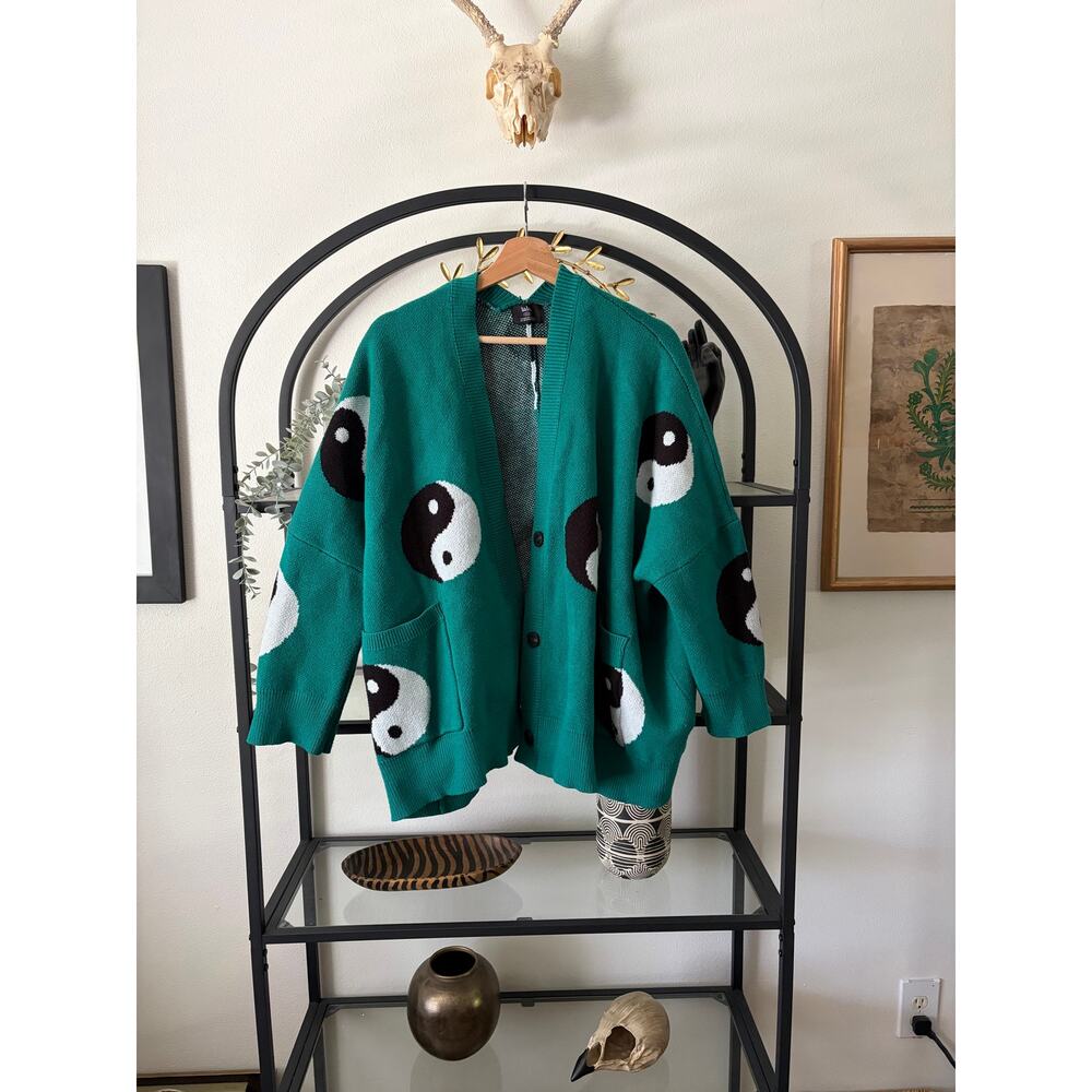 Lala Yin Yang Oversized Knit Cardigan Sweater Green Black White Womens S/M Boho
